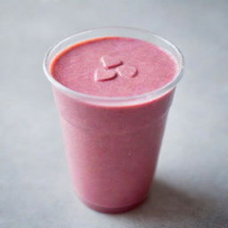 A vibrant pink smoothie with tiny edible hearts, served in a clear plastic cup.