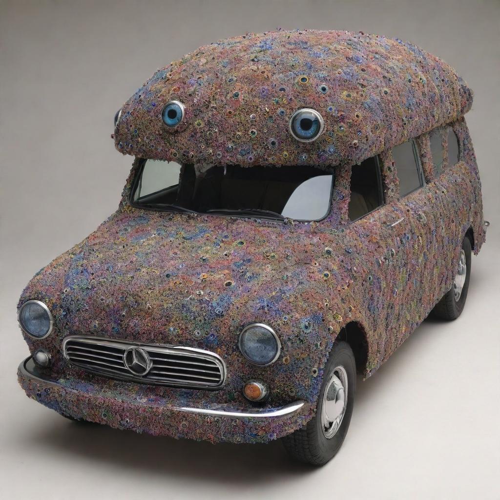 A surreal car constructed entirely from a myriad of eyes of varying sizes and colors.