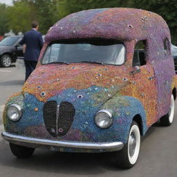 A surreal car constructed entirely from a myriad of eyes of varying sizes and colors.