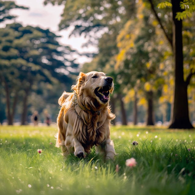 A photograph of a Golden Retriever playing in a vast, lush park.