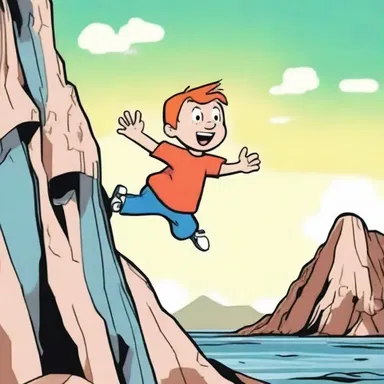 In the cartoon, the character seemingly jumps off a cliff but then miraculously appears unharmed in the following scene.
