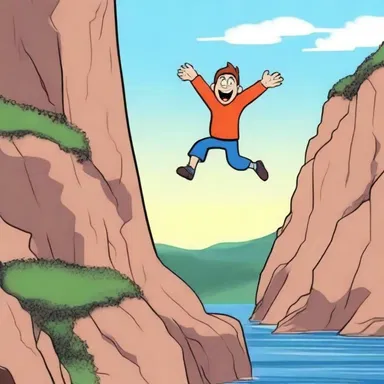 In the cartoon, the character seemingly jumps off a cliff but then miraculously appears unharmed in the following scene.