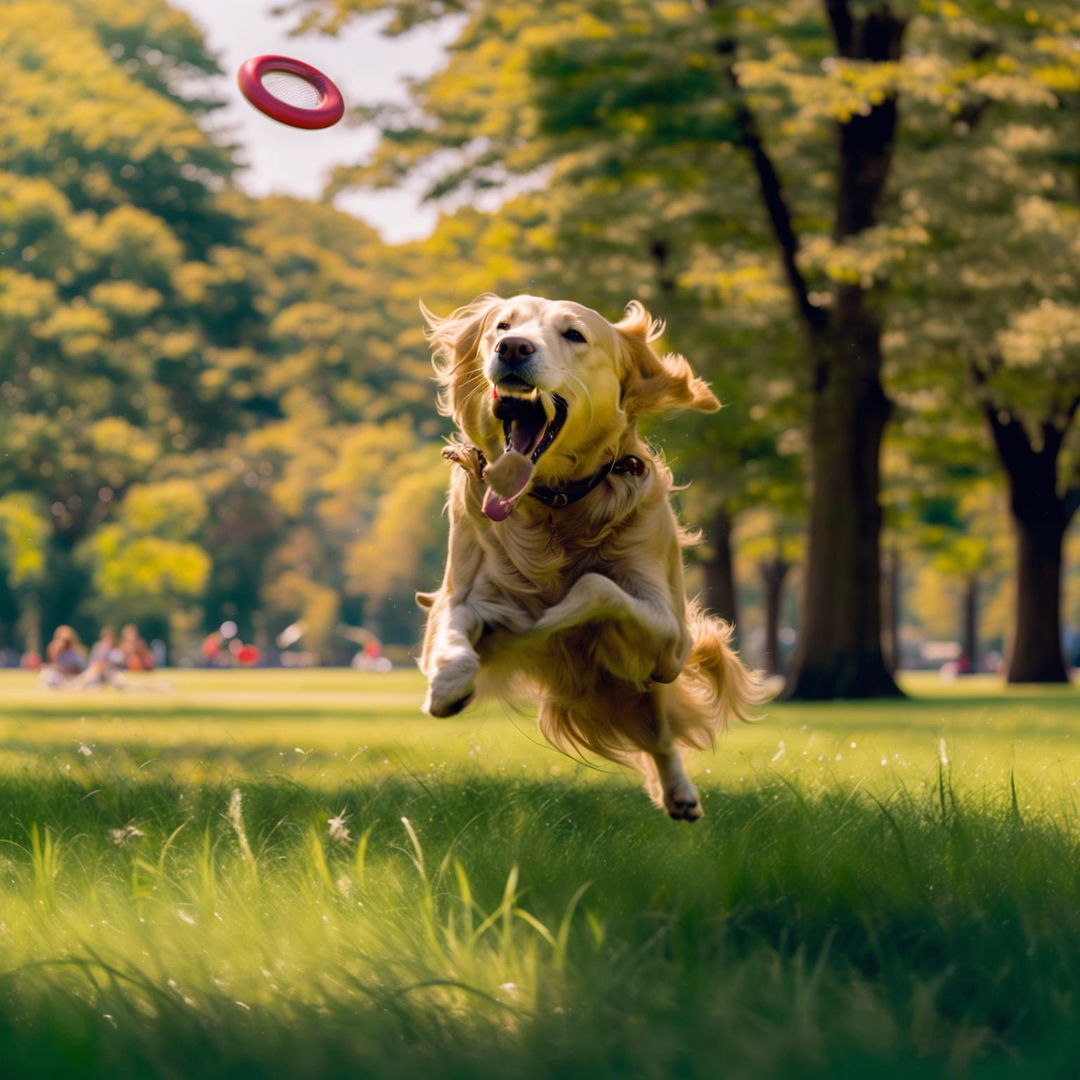 A photograph of a Golden Retriever gleefully catching a frisbee mid-jump in a vast park.