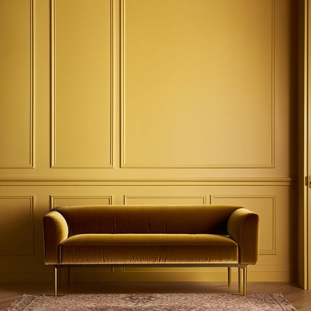 A vivid room with mustard yellow walls highlighted by a rich burgundy velvet sofa, adorned with vintage-inspired brass accents.