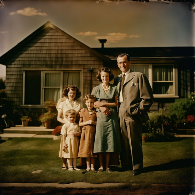 Cinematic family portrait of a 1950s traditional American family, aged photograph, with an eerie undertone beneath the bright facade.