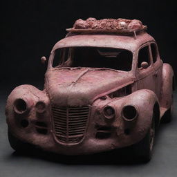 A macabre and grotesque car designed to resemble raw flesh, with unsightly details to emphasize a horror aspect.