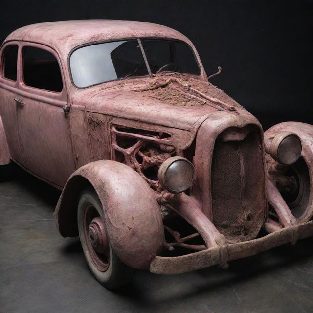 A macabre and grotesque car designed to resemble raw flesh, with unsightly details to emphasize a horror aspect.