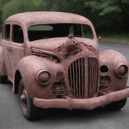 A macabre and grotesque car designed to resemble raw flesh, with unsightly details to emphasize a horror aspect.