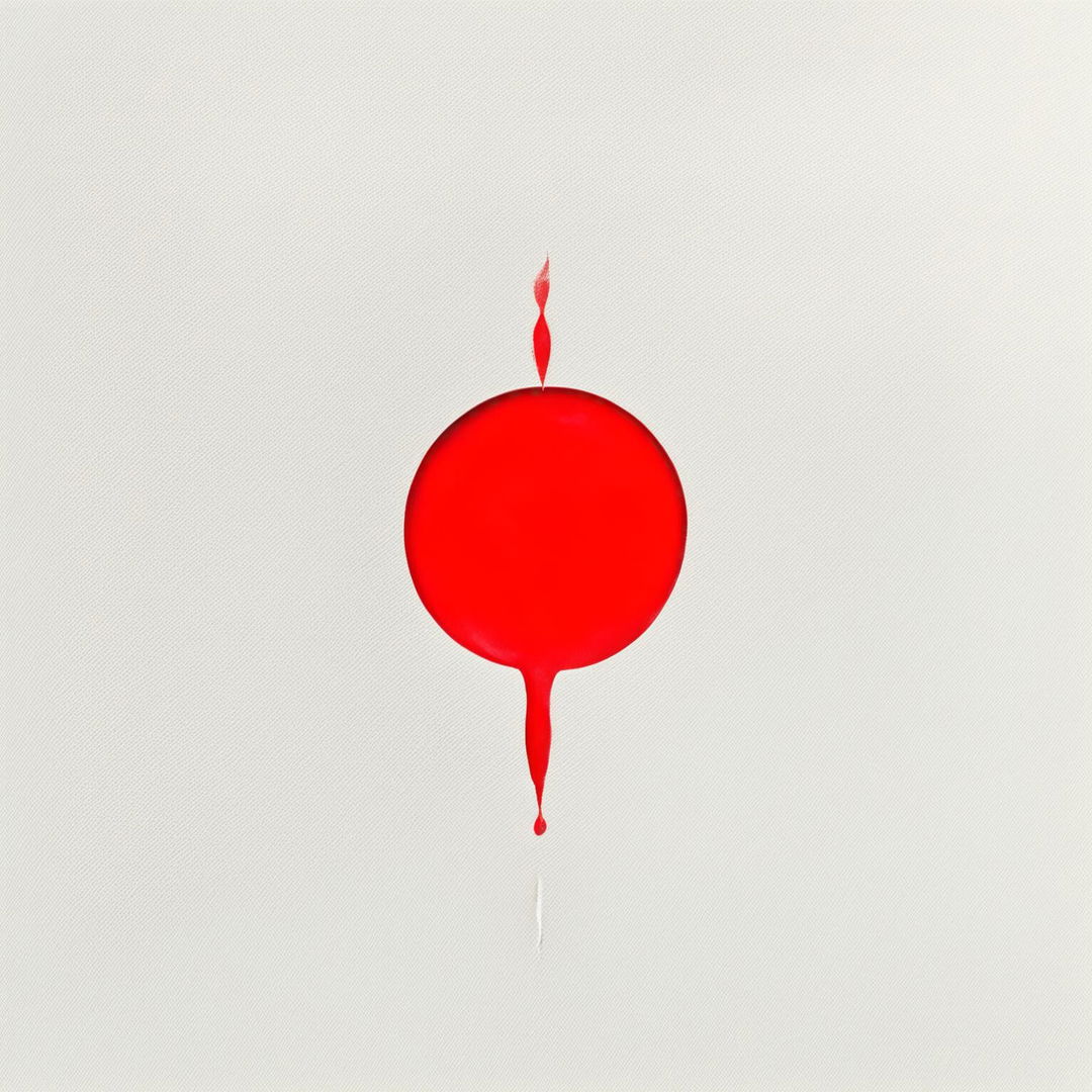 A minimalist digital art piece featuring a vibrant red paint droplet on a textured white canvas, resembling Japan's flag.