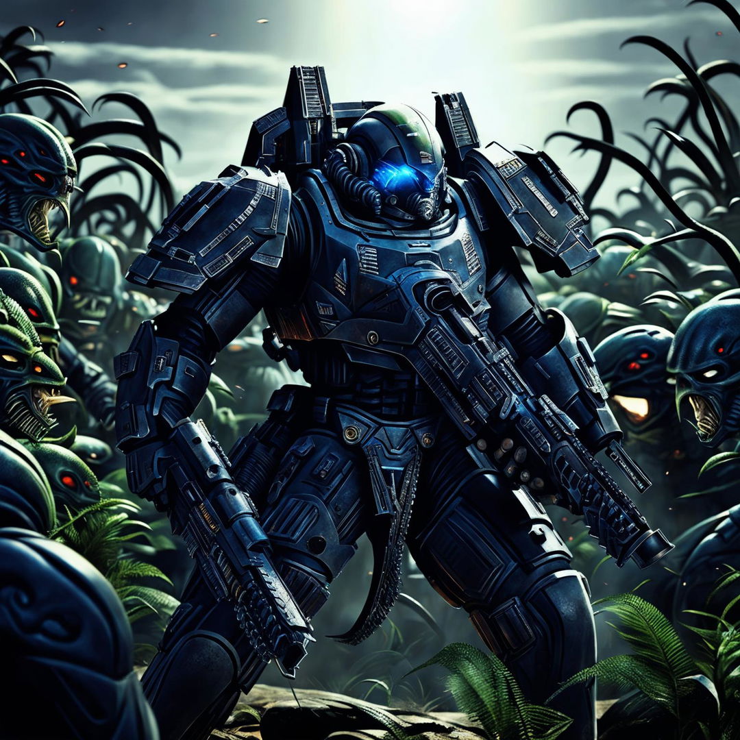 A heavily armored human soldier in intense combat with scythe-armed aliens. His armor is detailed with symbols and the word 'ULTRA'. He wields a chainsaw-like weapon, spraying alien blood, while surrounded by the alien swarm on an alien landscape.