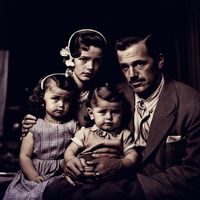 Close-up cinematic family portrait of a 1950s traditional American family, aged photograph, with an eerie undertone beneath the bright facade.