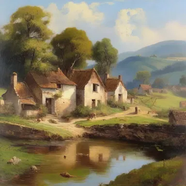 The oil painting depicted a picturesque hamlet nestled in the countryside, capturing the serene beauty of rural life.