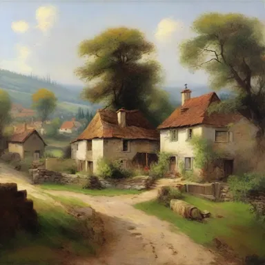 The oil painting depicted a picturesque hamlet nestled in the countryside, capturing the serene beauty of rural life.