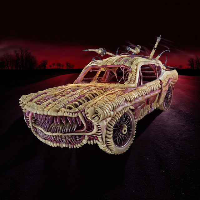 A horror-themed muscle car made entirely from organic flesh and bone on an empty road under a blood-red sky.