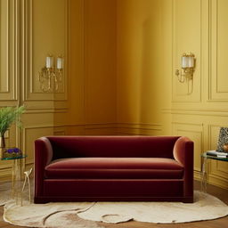 A vivid room with mustard yellow walls highlighted by a rich burgundy velvet sofa, adorned with vintage-inspired brass accents.