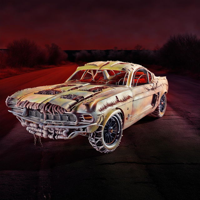 A horror-themed muscle car made entirely from organic flesh and bone, bleeding profusely, on an empty road under a blood-red sky.