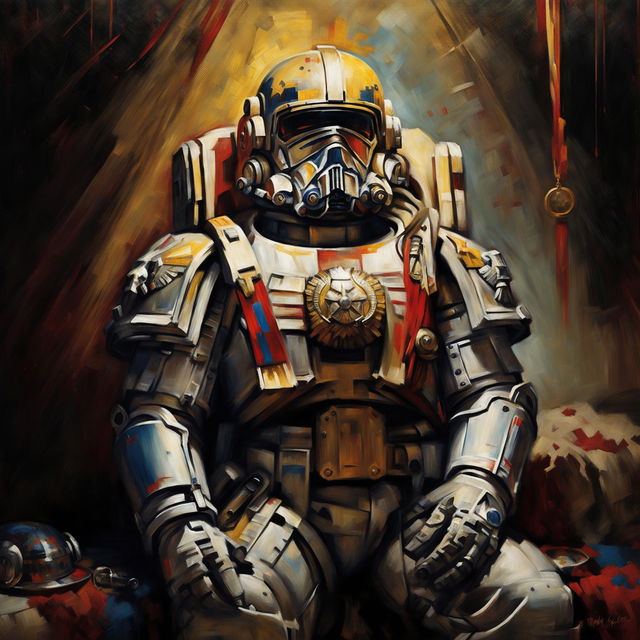 Traditional oil painting of a stern ultra space marine commander seated with helmet in lap and chest adorned with medals. His aged face tells tales of countless battles.