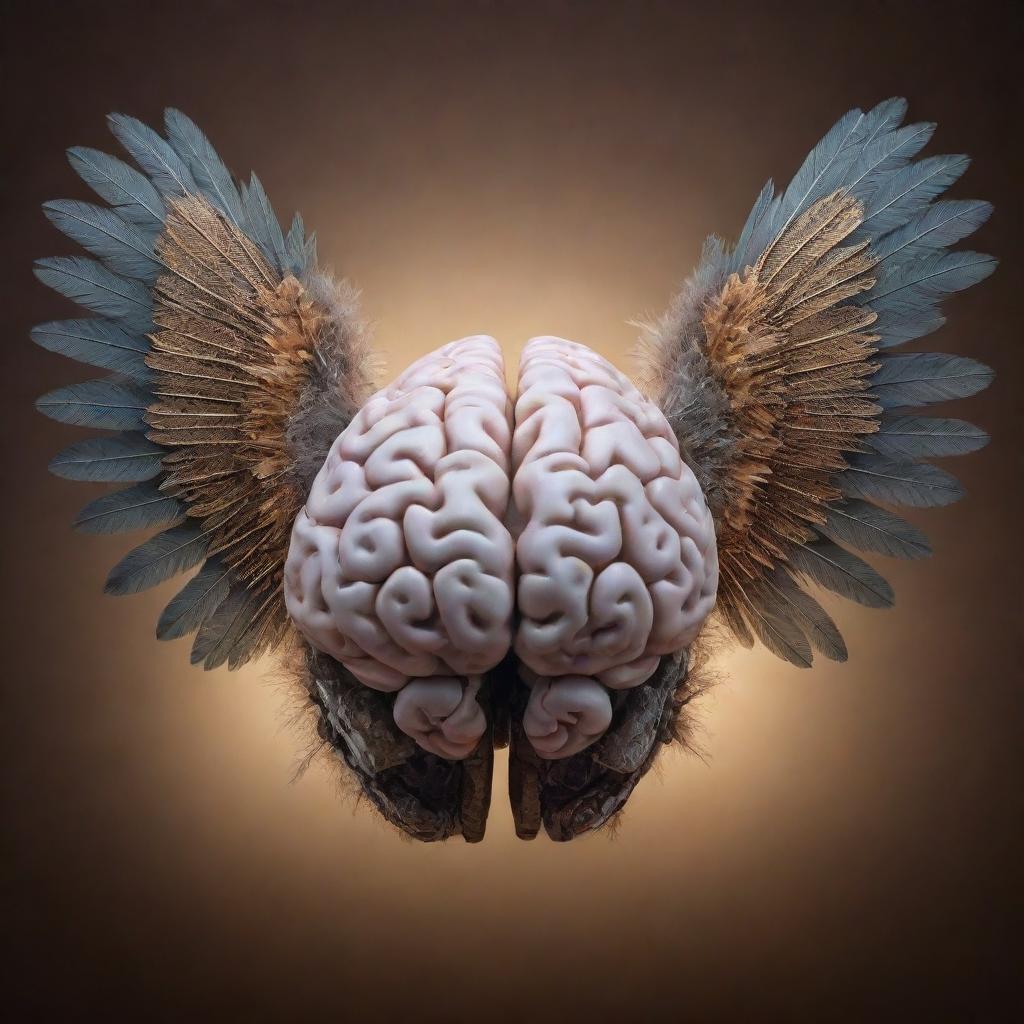 A highly detailed, beautifully illuminated brain with intricately feathered wings poised for flight against a striking background.