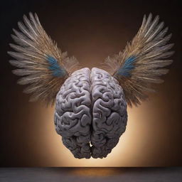 A highly detailed, beautifully illuminated brain with intricately feathered wings poised for flight against a striking background.