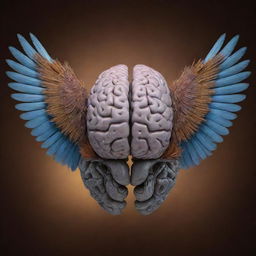 A highly detailed, beautifully illuminated brain with intricately feathered wings poised for flight against a striking background.