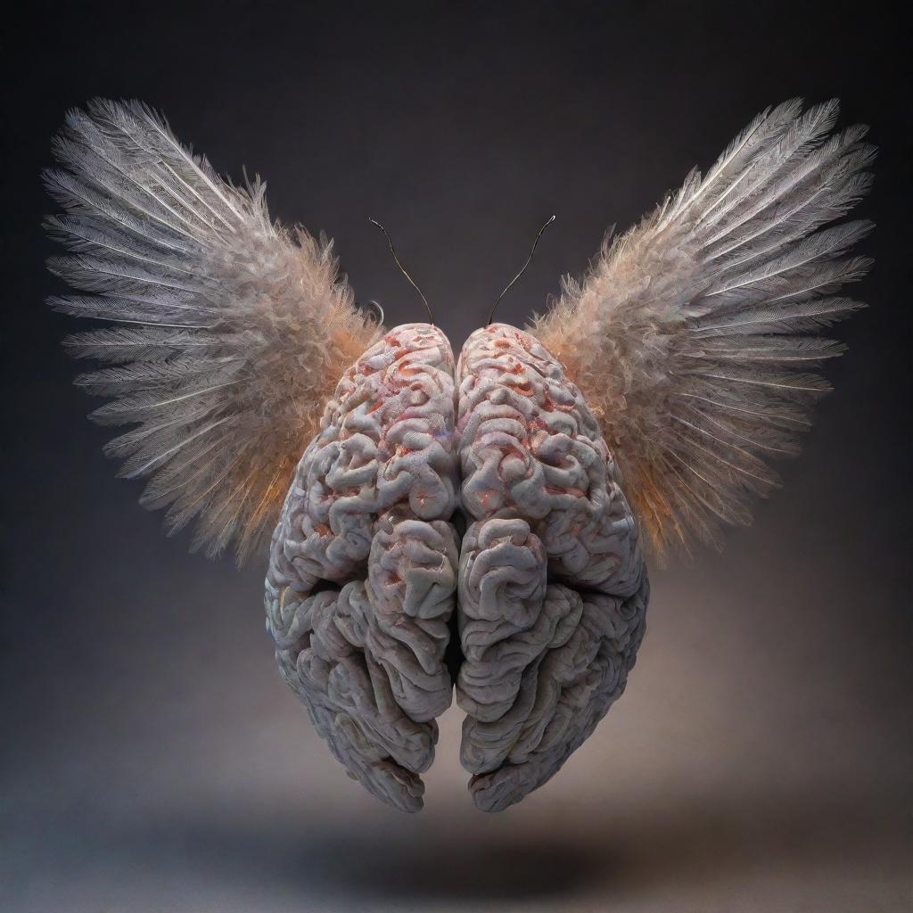 A highly detailed, beautifully illuminated brain with intricately feathered wings poised for flight against a striking background.