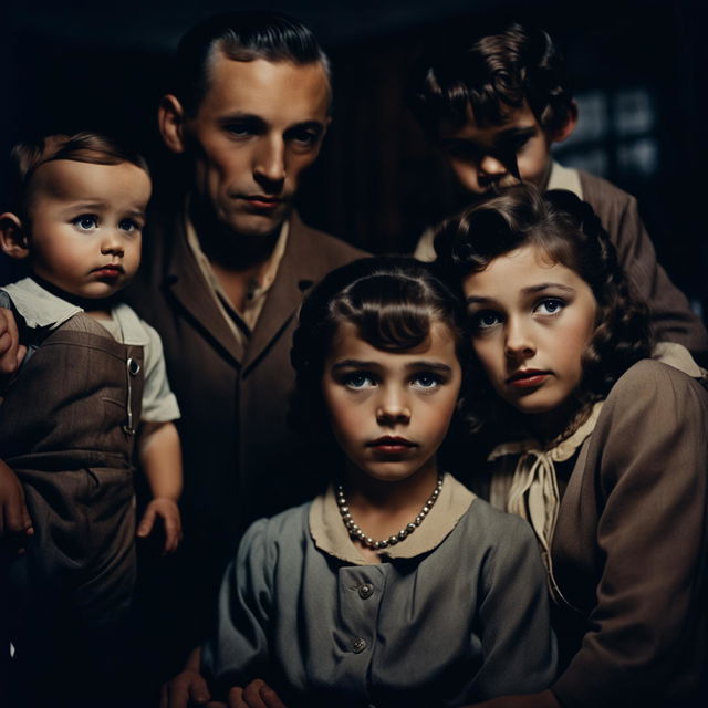 Cinematic close-up portrait of a 1950s traditional American family, with an eerie undertone beneath the bright facade.