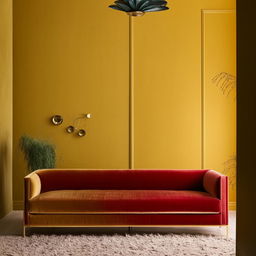 A vivid room with mustard yellow walls highlighted by a rich burgundy velvet sofa, adorned with vintage-inspired brass accents.