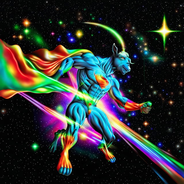 A muscular goat with iridescent horns and laser-beam eyes, wearing a cape, flies in a Superman pose through the galaxy with a rainbow trailing behind it.