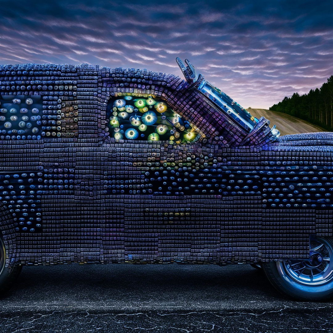 A surreal digital art piece featuring a classic 1960s American muscle car made entirely of detailed eyes of varying sizes and colors on an open road under a twilight sky.