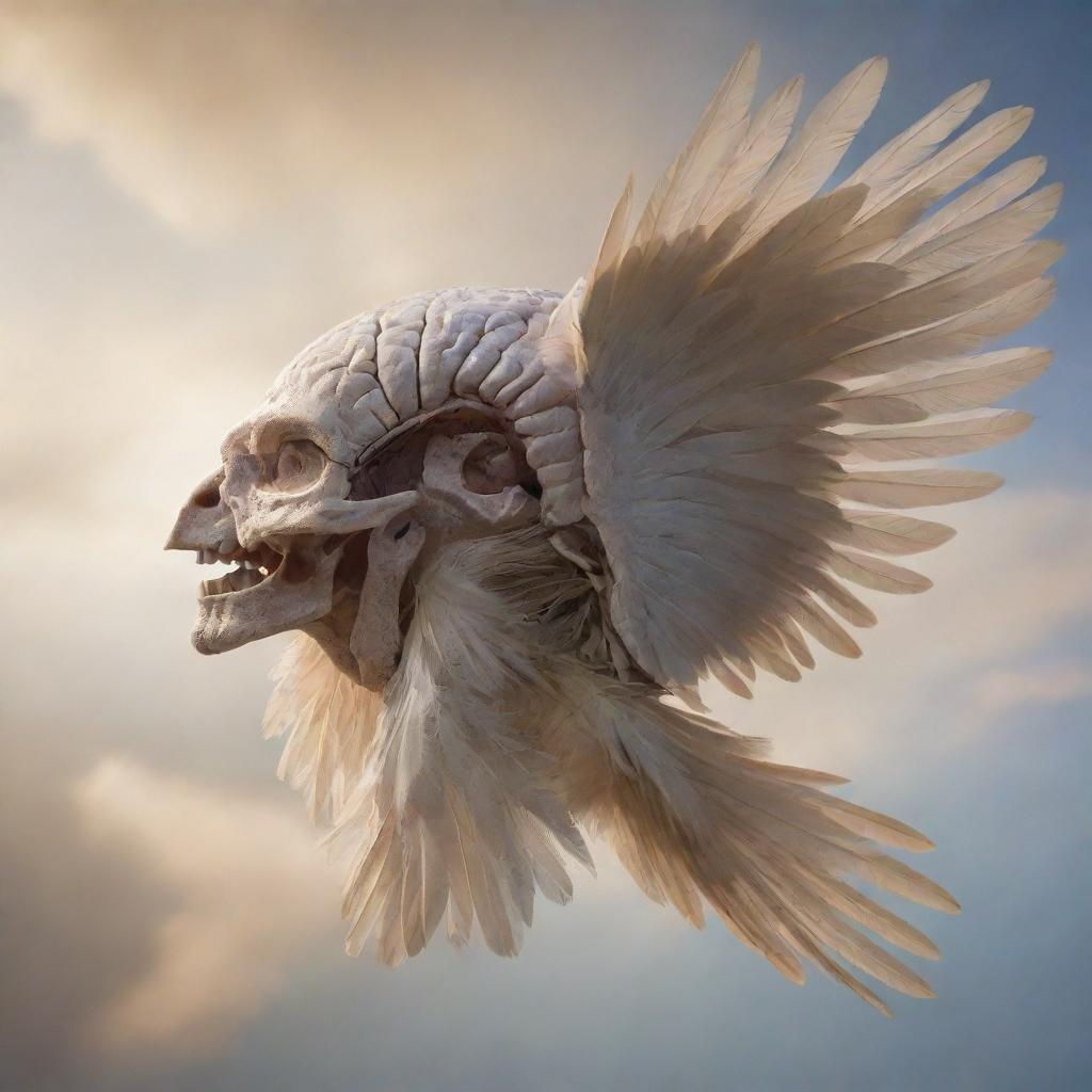 An exquisitely detailed profile view of a winged brain in flight, feathers extended and catching light, against an awe-inspiring background.