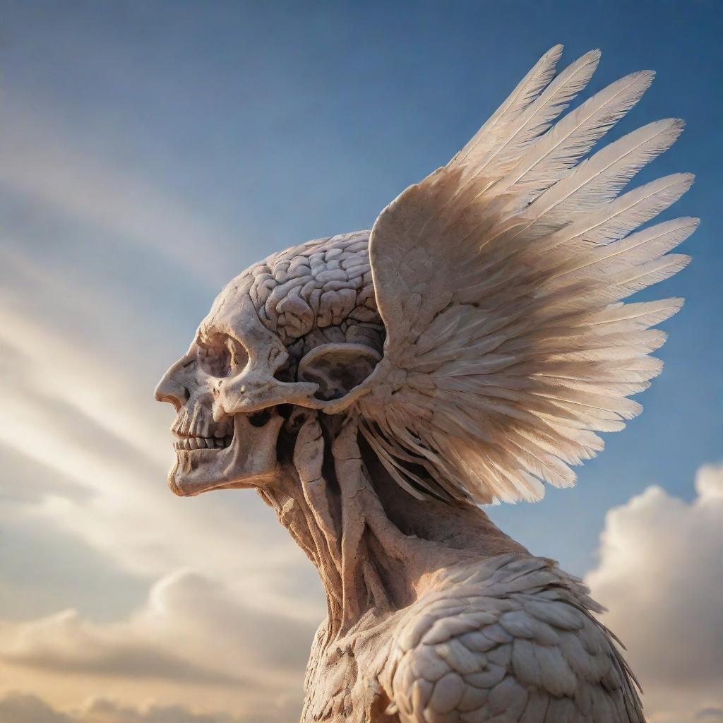 An exquisitely detailed profile view of a winged brain in flight, feathers extended and catching light, against an awe-inspiring background.