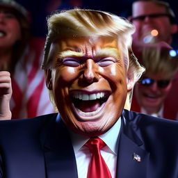 Modify the image, exaggerating Donald Trump's joyful expression further, with wide smiling mouth and eyes sparkling with merriment while dancing to the YMCA song.