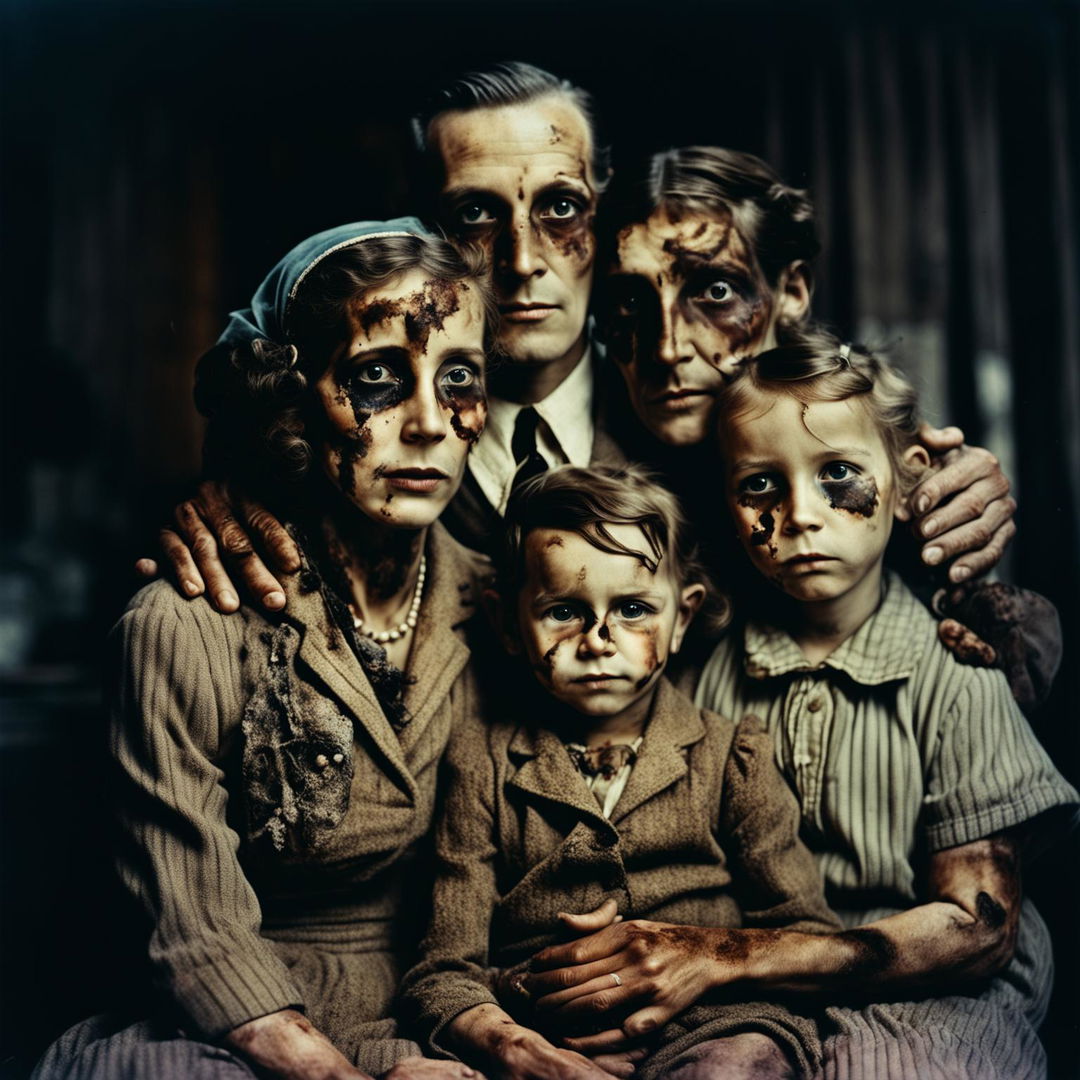 Cinematic family portrait of a disfigured 1950s traditional American family due to nuclear fallout, aged photograph, haunting and eerie.