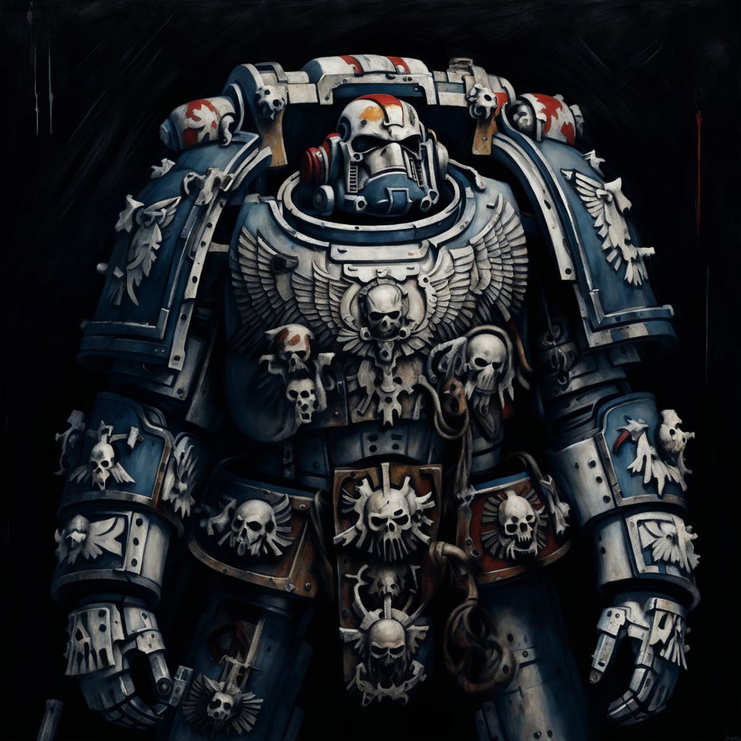 Classic style oil painting of an aged Warhammer 40k Ultra Space Marine, stern-faced and adorned with detailed medals and decorations. The painting emphasizes fine detail, careful composition, and lifelike portrayal in the style of Sir Joshua Reynolds.