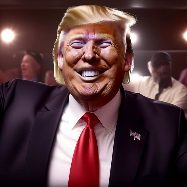 Modify the image, exaggerating Donald Trump's joyful expression further, with wide smiling mouth and eyes sparkling with merriment while dancing to the YMCA song.