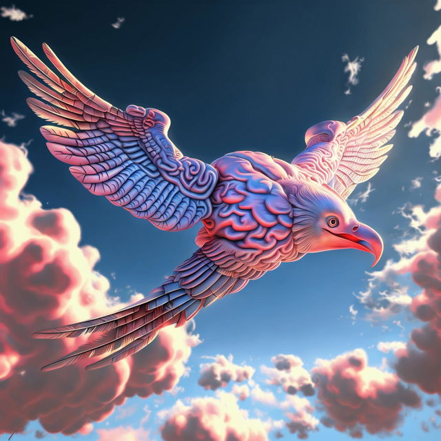 A detailed digital art piece of a flying winged brain viewed from a profile angle against a clear blue sky.