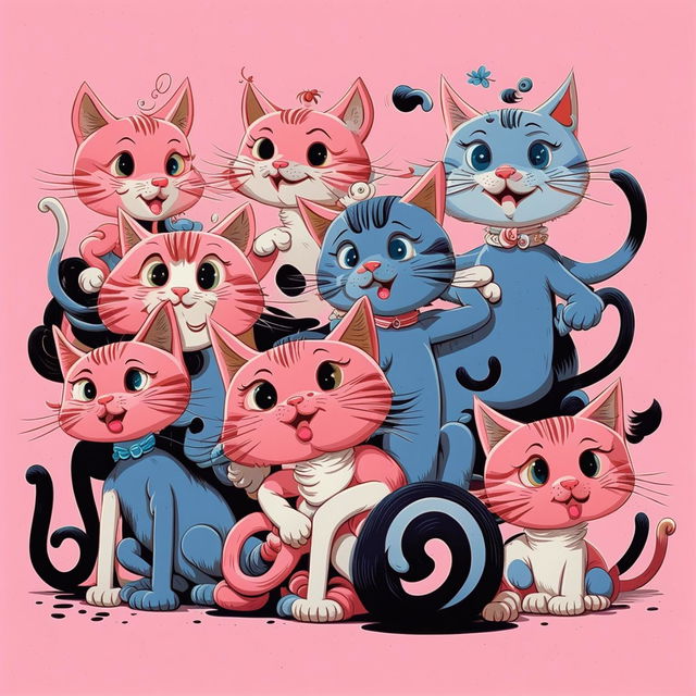 1950s style cartoon illustration featuring a variety of cats in pink and blue hues.