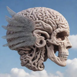 A detailed profile view of a brain with large, intricate wings in flight against an open sky