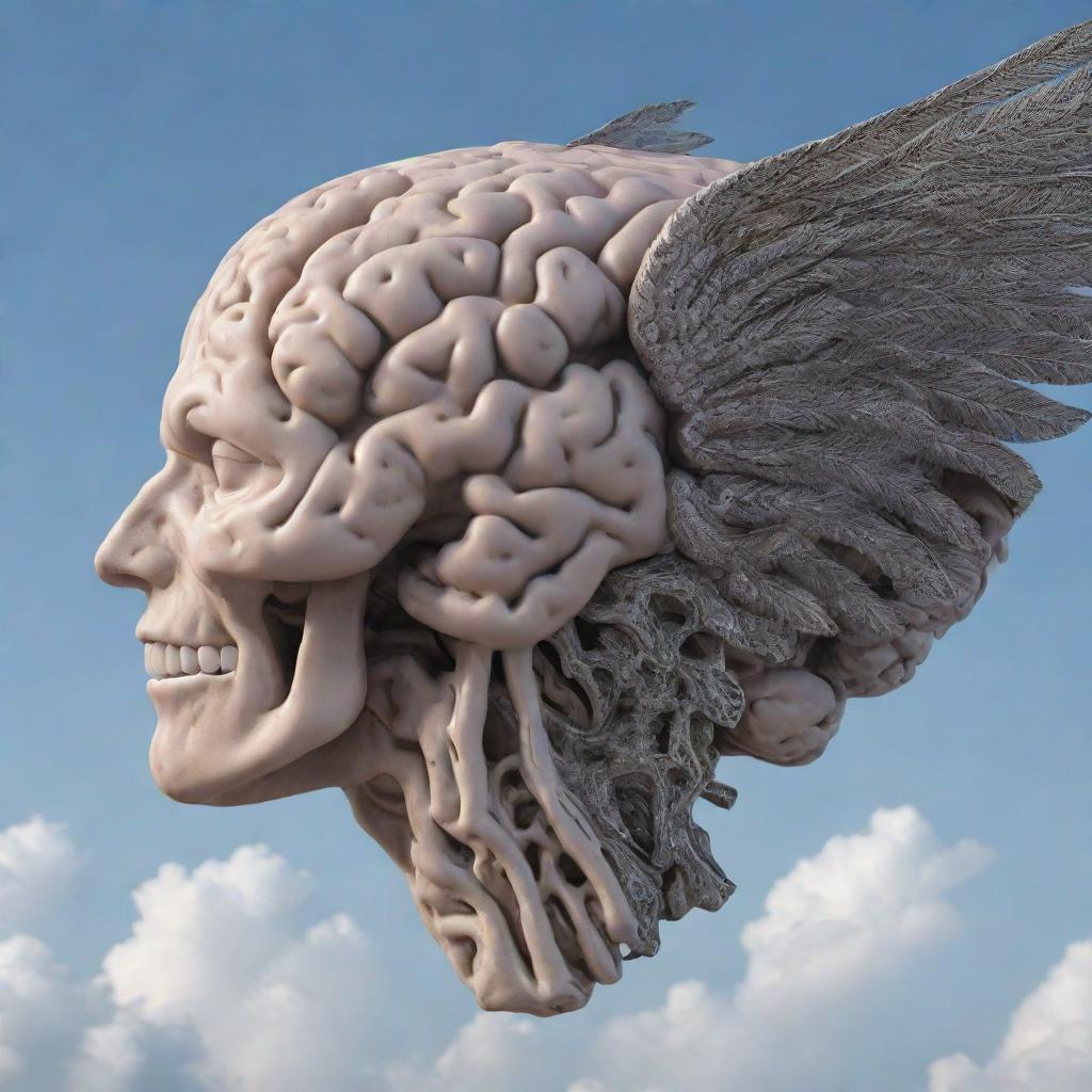 A detailed profile view of a brain with large, intricate wings in flight against an open sky