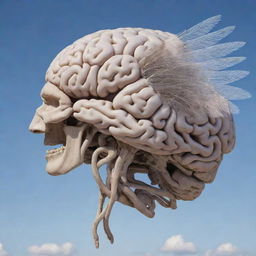 A detailed profile view of a brain with large, intricate wings in flight against an open sky