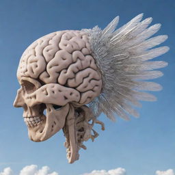 A detailed profile view of a brain with large, intricate wings in flight against an open sky