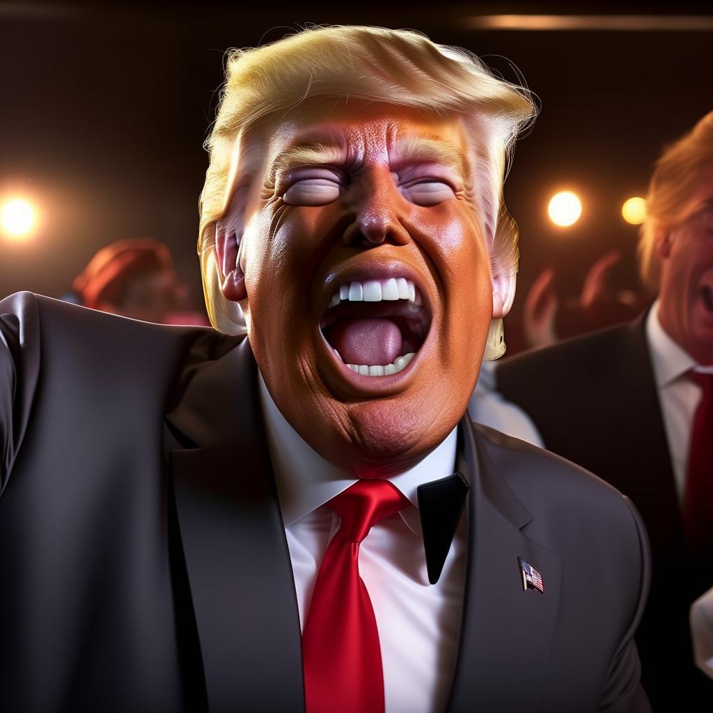 Modify the image, exaggerating Donald Trump's joyful expression further, with wide smiling mouth and eyes sparkling with merriment while dancing to the YMCA song.