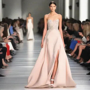 The model walked down the runway, dressed in a pleadingly designed gown that expressed vulnerability and grace.