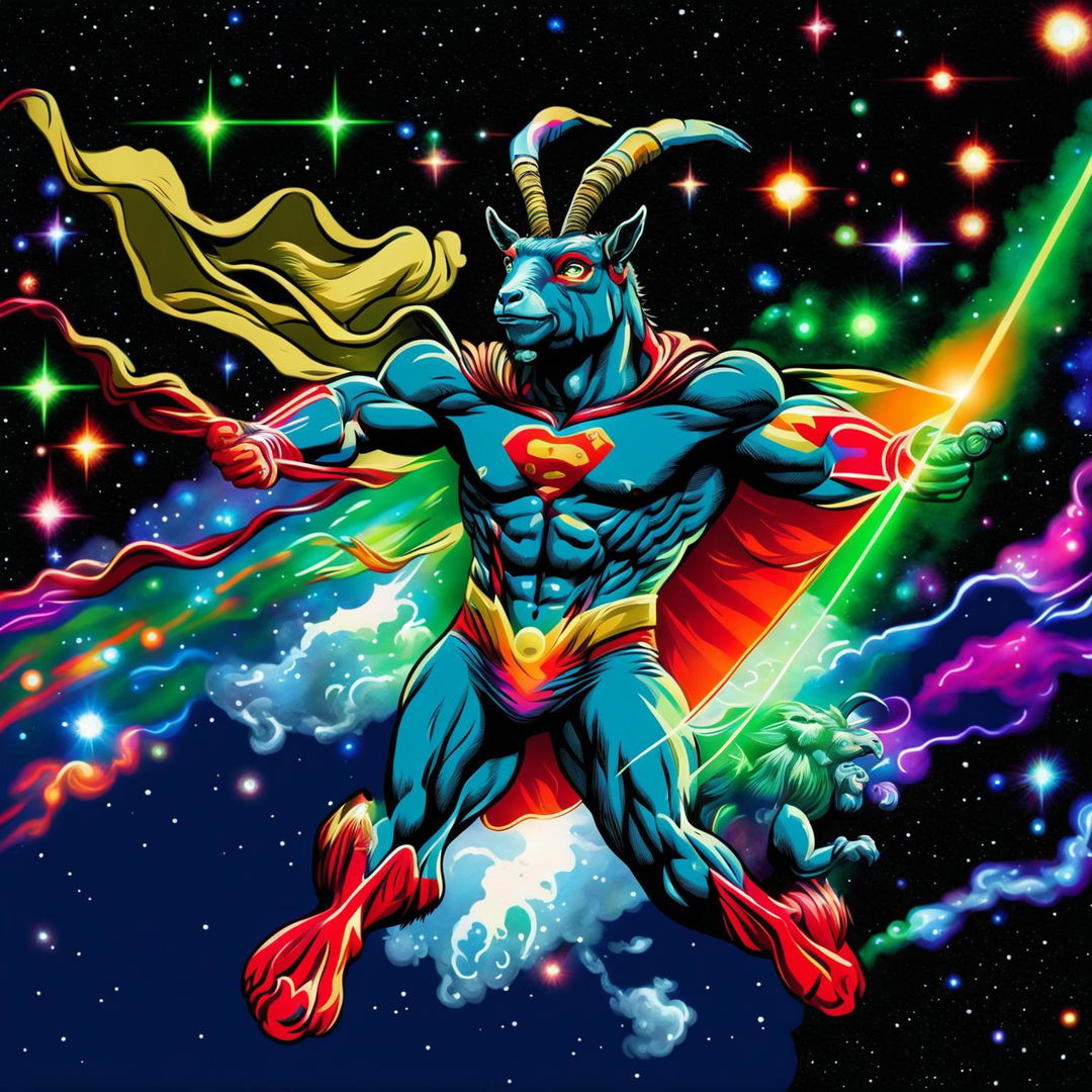 A muscular goat with iridescent horns and laser-beam eyes, wearing a cape, flies in a Superman pose through the galaxy with a rainbow trailing behind it. A group of goats follow behind in awe.