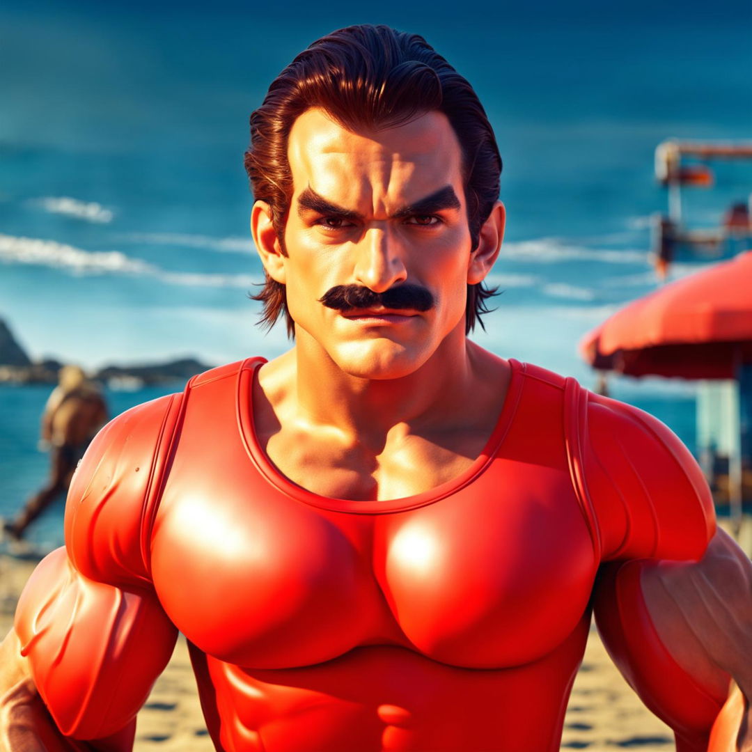 Real-life Mario as a muscular Baywatch lifeguard in a cinematic waist-up portrait photograph.