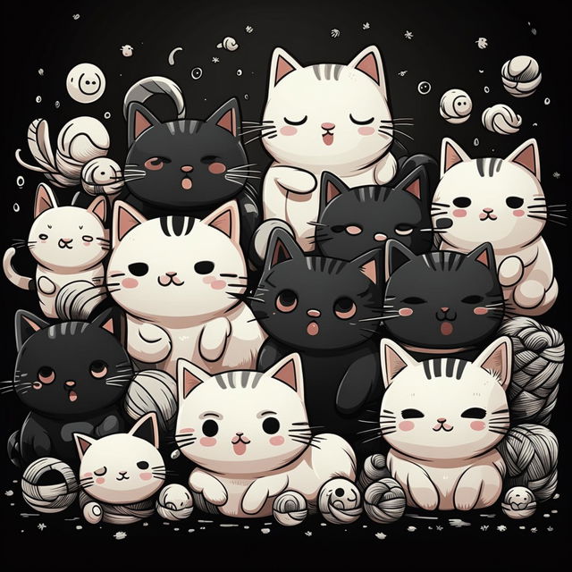 Kawaii style cartoon illustration featuring a variety of cats in black and white hues.