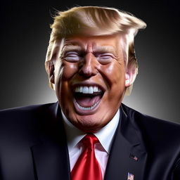 Modify the image, exaggerating Donald Trump's joyful expression further, with wide smiling mouth and eyes sparkling with merriment while dancing to the YMCA song.