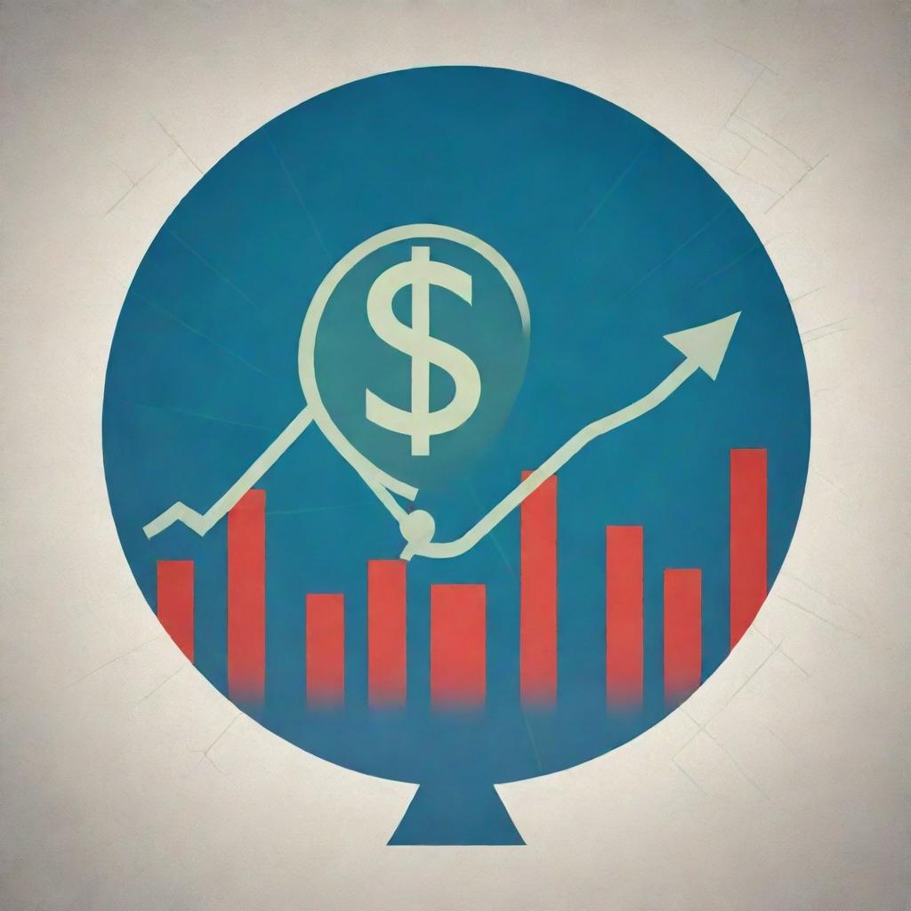 An abstract representation of the economic concept of inflation, symbolized by a large, ballooning dollar sign against a backdrop of fluctuating graphs and charts.