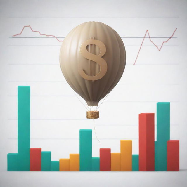 An abstract representation of the economic concept of inflation, symbolized by a large, ballooning dollar sign against a backdrop of fluctuating graphs and charts.