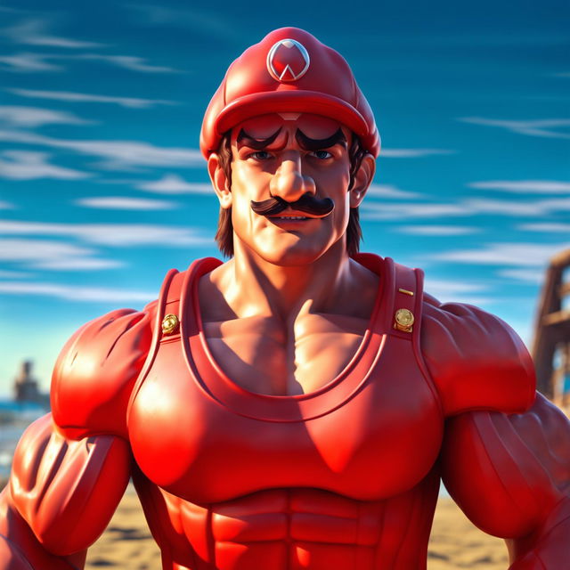 Real-life Mario as a muscular Baywatch lifeguard with his iconic hat in a cinematic waist-up portrait photograph.